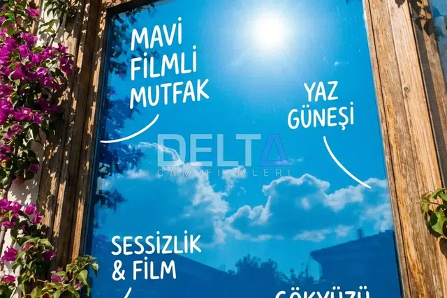 Mutfak Penceresi Mavi Tonlu Cam Filmi Uygulamasısı - içeriyi göstermeyen cam filmi İstanbul uygulama örneği