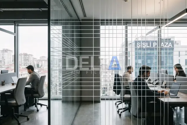 Ofis Cam Bölme Dikey Çizgili Kumlama Folyo Uygulaması - içeriyi göstermeyen cam filmi İstanbul uygulama örneği