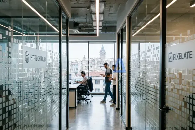 Ofis Koridoru Piksel Desenli Kumlama Folyo Uygulaması - içeriyi göstermeyen cam filmi İstanbul uygulama örneği