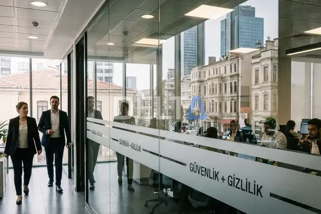Ofis Koridoru Şeritli Kumlama Folyo Uygulaması - içeriyi göstermeyen cam filmi İstanbul uygulama örneği
